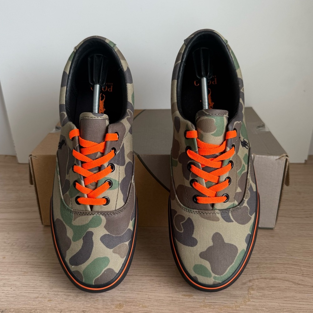 Polo Ralph Lauren Camouflage Green/Orange Canvas Men Sneakers- SZ 10.5 - Picture 10 of 12